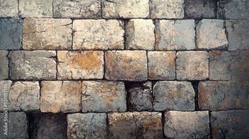 Textured ancient stone wall with weathered and cracked blocks showcasing historical architectural elements and rustic charm.
