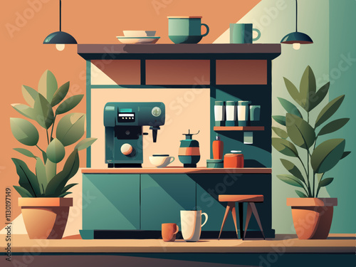 fullpage colorful illustration of a minimalist coffee station with a single coffee machine and ceramic mugs.