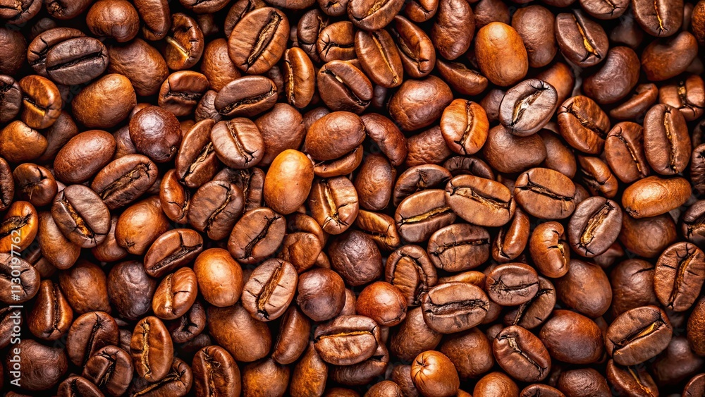 Fototapeta premium Close-up of roasted coffee beans, aroma, beverage, caffeine, espresso, dark roast, Italian, morning routine, caffeine boost