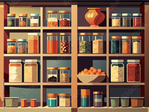 fullpage colorful illustration of a pantry with labeled jars of spices, grains, and dried goods.