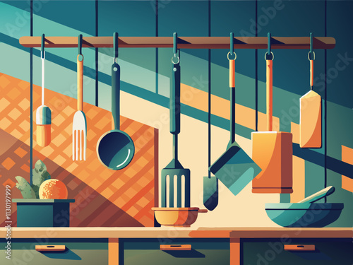 fullpage colorful illustration of a row of hanging utensils on a wooden kitchen rail.