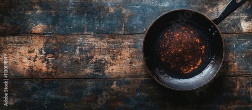 Aerial view of a rustic pan with thin pancakes on a weathered wooden surface ideal for culinary and food presentation themes photo