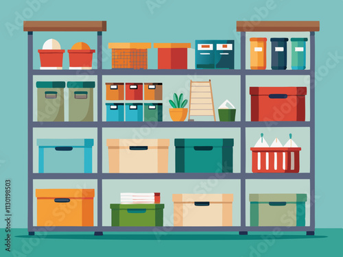 fullpage colorful illustration of a Scandinavian-style storage shelf with labeled bins and minimal clutter.