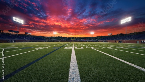 American Football Field Under Dramatic Sunset Sky photo