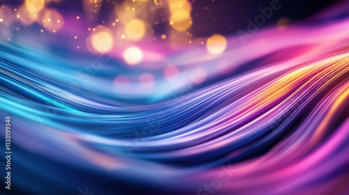 A vibrant abstract image featuring flowing waves of colorful light, creating a mesmerizing visual effect with soft bokeh highlights.