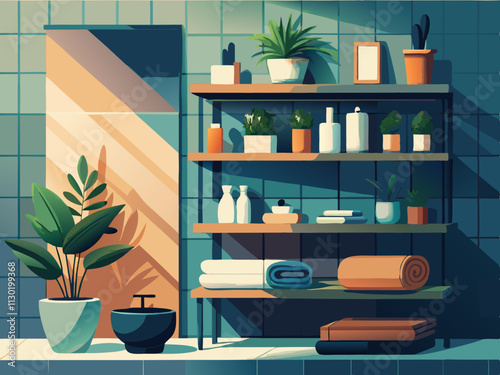 fullpage colorful illustration of a utility room with sleek shelves holding cleaning supplies in glass jars.