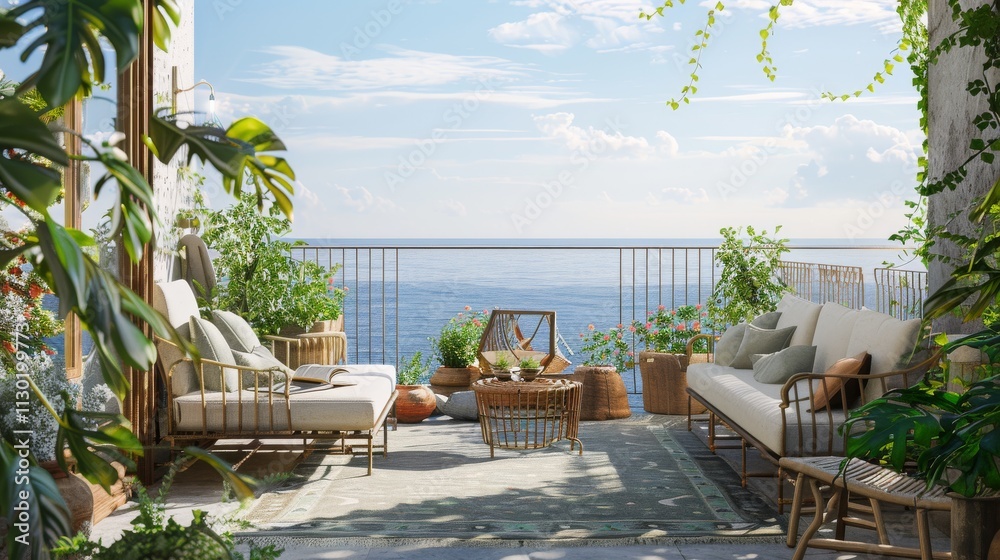 Fototapeta premium Ultra detailed balcony with a panoramic sea view, featuring a cozy seating area