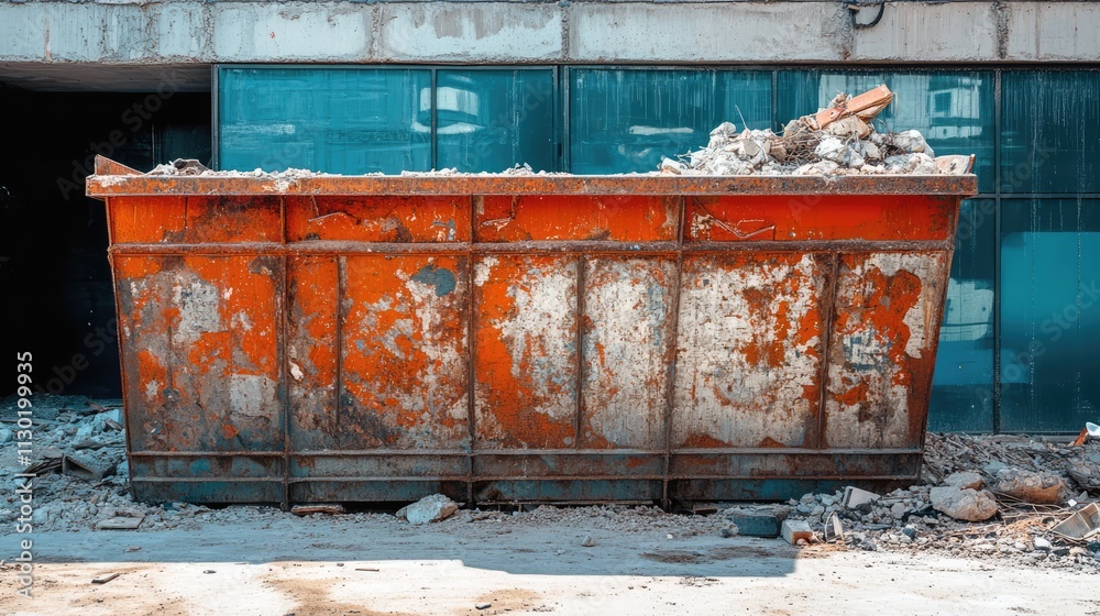 Fototapeta premium Container for construction debris during building renovation with rubble in front of partially demolished structure and clear blue reflection.