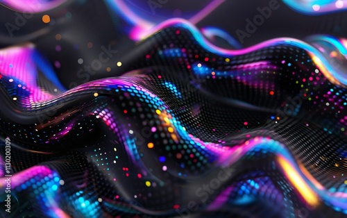 Glass morphism dark liquid texture. Heatmap style psychedelic surrealistic hologram, soft waves. Holographic abstract synthwave neon vibrant design. Rainbow gradient colors. Etherial surface pattern.