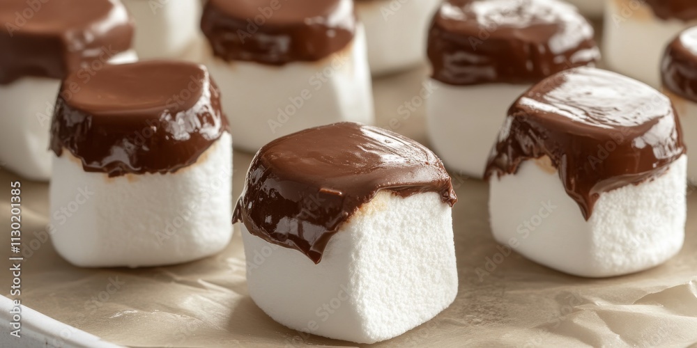 Close up view of whole marshmallows with one half dipped in chocolate, showcasing this delicious mini dessert. Enjoy this enticing close up of marshmallows for a sweet treat. Close up view of whole marshmallows with one half dipped in chocolate, showcasing this delicious mini dessert. Enjoy this enticing close up of marshmallows for a sweet treat.