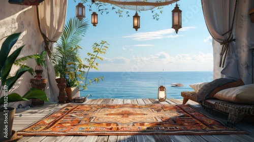 Ultra detailed balcony with a sea view, equipped with a yoga mat photo