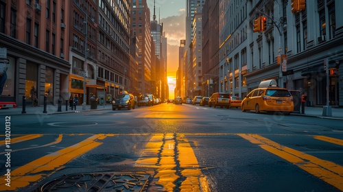 City street scene with the beautiful sunrise