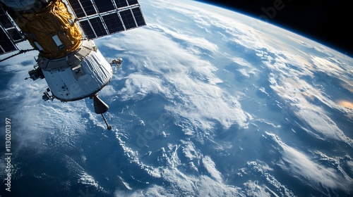 Fototapeta Naklejka Na Ścianę i Meble -  A satellite orbiting Earth, showcasing clouds and the curvature of the planet.
