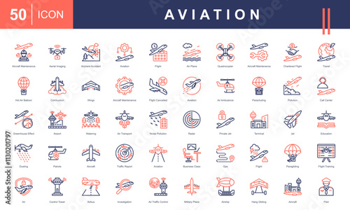  Aviation icon set with aircraft maintenance, aerial Imaging, airplane accident, flight and education.