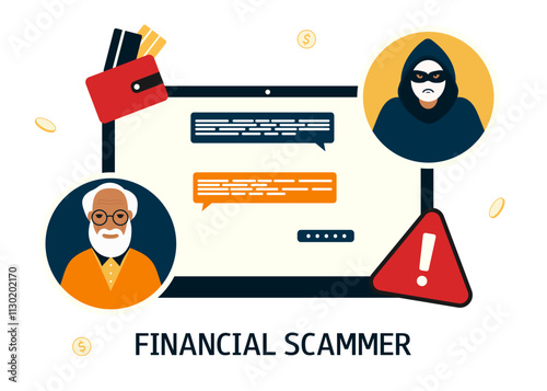 Old man chats with man in mask. Financial scammer. Concept of cyber crime, data hacking, theft. Vector flat illustration isolated on white background.