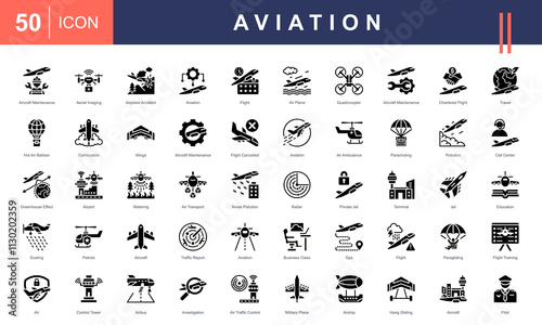  Aviation icon set with aircraft maintenance, aerial Imaging, airplane accident, flight and education.