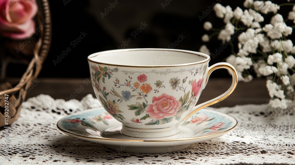 Fototapeta premium A modern teacup with a sleek design, paired with a simple saucer, styled on a marble tabletop