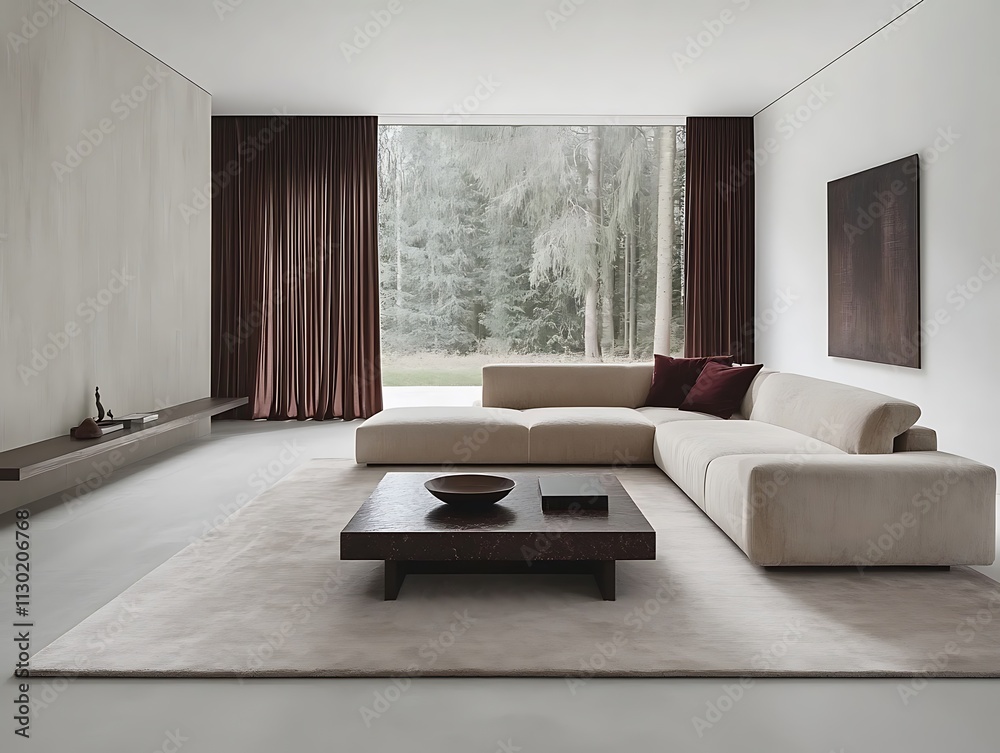 Fototapeta premium Modern Beige Sectional Sofa, Wooden Coffee Table, Minimalist Living Room