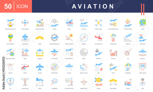  Aviation icon set with aircraft maintenance, aerial Imaging, airplane accident, flight and education.