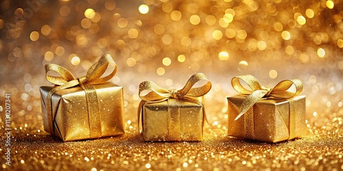 Golden wrapped presents placed beautifully on a sparkling background, gifts, holidays, celebration, festive, glitter photo