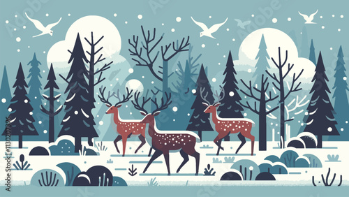  Scenes of deer in wintery forests, adapted to survive the cold season