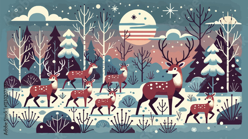  Scenes of deer in wintery forests, adapted to survive the cold season