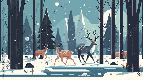  Scenes of deer in wintery forests, adapted to survive the cold season