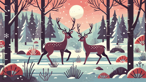  Scenes of deer in wintery forests, adapted to survive the cold season