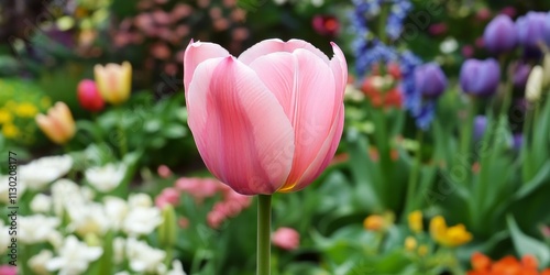 A vibrant pink tulip showcases its beauty in the garden, standing out amongst other blooms. This stunning pink tulip adds a charming touch to the garden s floral display. photo