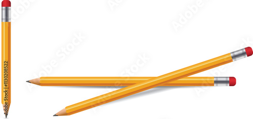 Realistic Vector yellow pencil set isolated on white background,Yellow pencil sharpened. Realistic pencil with a red eraser on white background