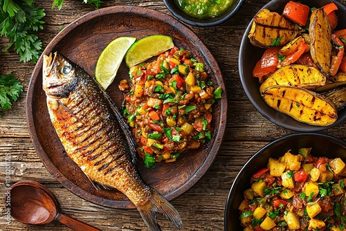 Gabonese cuisine is beautifully presented with grilled fish, plantains, and a colorful vegetable stew on a rustic wooden table, showcasing its cultural essence.