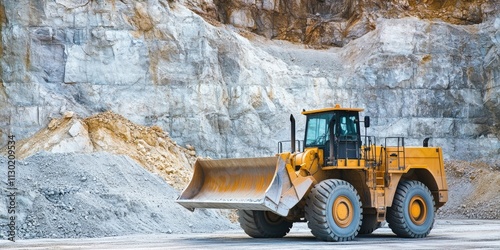 Front end loader positioned beside stone crushing machinery in a limestone quarry, showcasing the panorama of quarry mining equipment and operations. A glimpse of quarry mining efficiency. photo