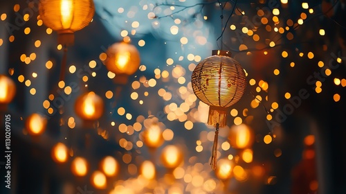A vibrant display of lanterns illuminated with warm light, creating a festive atmosphere against a soft bokeh background, perfect for evoking celebration and culture.