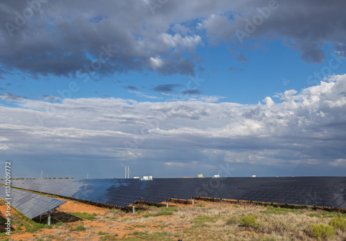 Thousands of solar panels on a large solar farm generating non fossil fuel powered electricity under a blue sky with a dramatic approaching storm near Broken Hill in New South Wales, Australia. photo