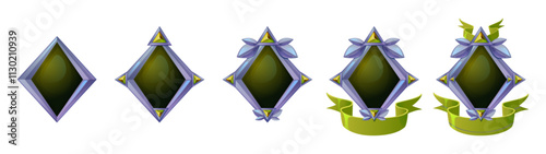 Green game level badges set isolated on white background. Vector cartoon illustration of rhombus stone in precious metal frame decorated with emerald crystals and leaves, gaming progress award medal