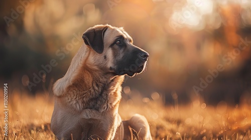 A majestic Anatolian shepherd dog resting in a sunlit field during golden hour, cute wallpaper photography for dog lovers photo