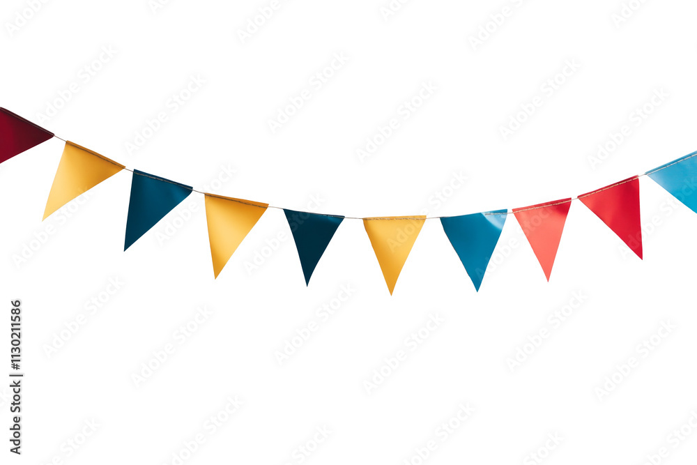 Obraz premium Colorful triangular flags in red, yellow, and blue hanging for a celebration isolated on transparent background.