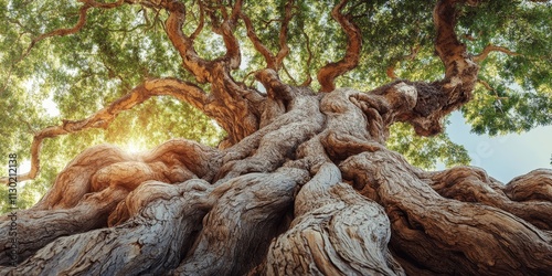 Stunning tree with beautiful bark on its lower part, showcasing the unique features and textures of this amazing tree. Discover the intricate details of this amazing tree s bark. photo