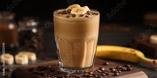 Delicious coffee banana smoothie served in a glass, highlighting the rich flavors of coffee and banana. Enjoy a refreshing coffee banana smoothie perfect for any occasion. photo