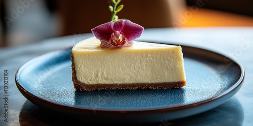 Delicious cheesecake beautifully presented on a blue plate, complemented by an elegant orchid decoration, showcasing the perfect dessert scene with a touch of sophistication. photo