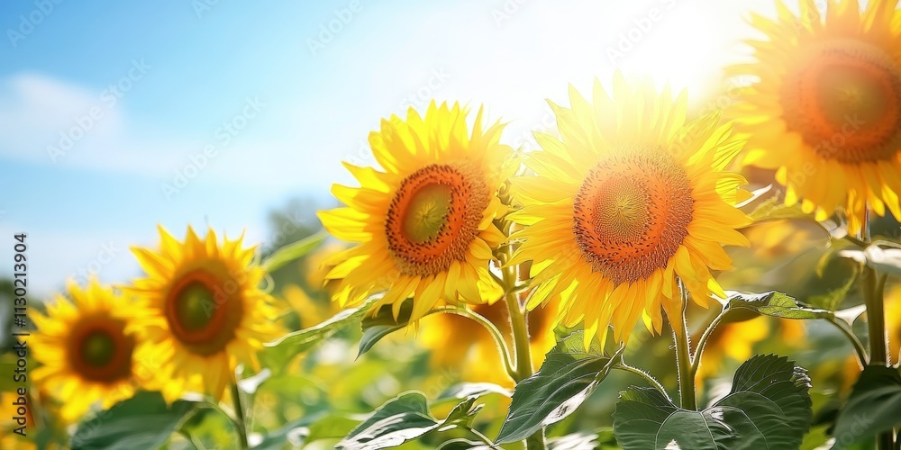 Obraz premium A vibrant field of yellow sunflowers basking in the summer sun under clear skies, showcasing the beauty of blooming sunflowers and their captivating allure in sunny weather.