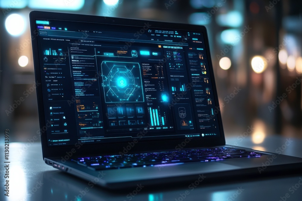 Fototapeta premium Chatbot Interface Display on Laptop with Glowing Design