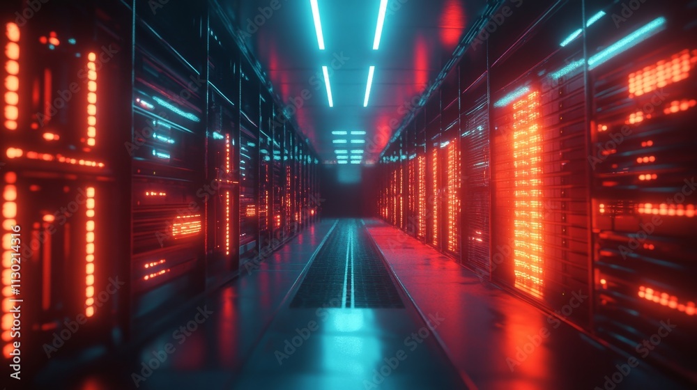 Fototapeta premium Illuminated data center operations high-tech facility digital infrastructure futuristic environment perspective view connectivity concept