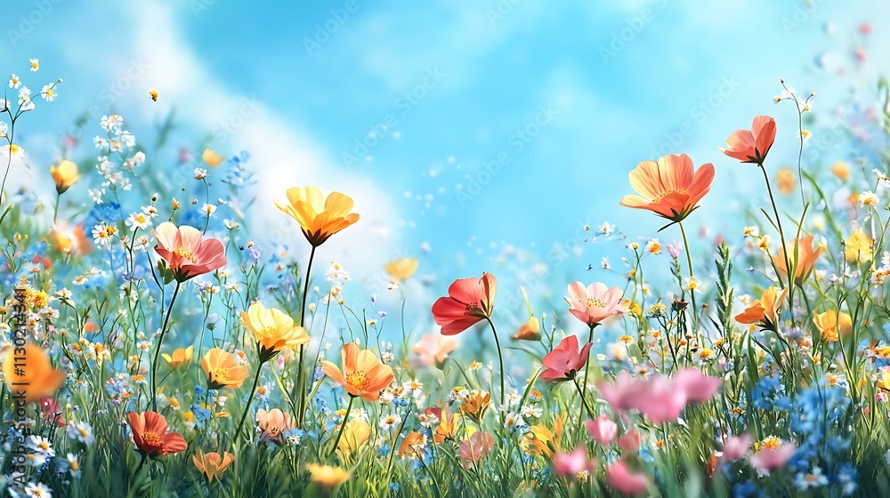 Fototapeta premium Beautiful spring meadow with grass and wild flowers