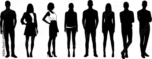 Vector silhouettes of men and a women, a group of standing business people, black color isolated on white background