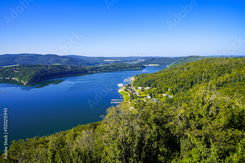 View of the Edersee and the surrounding nature at the lake. Landscape in the Edertal. photo