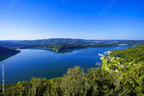 View of the Edersee and the surrounding nature at the lake. Landscape in the Edertal. photo