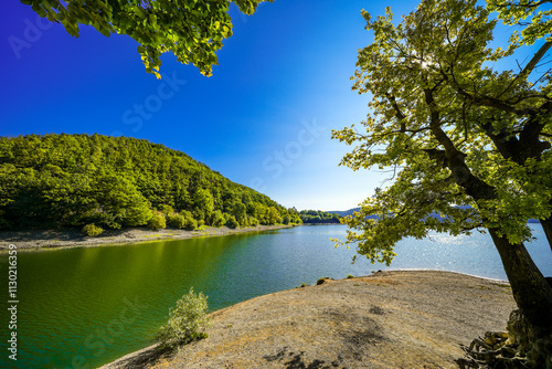 View of the Edersee and the surrounding nature at the lake. Landscape in the Edertal. photo