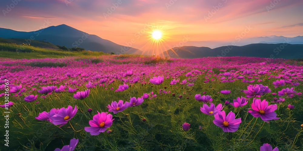 Obraz premium Vibrant cosmos flower field during a festival celebrating Kochia scoparia, showcasing the beauty and diversity of these stunning cosmos flowers in a breathtaking landscape.