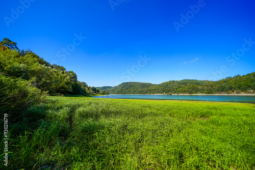 View of the Edersee and the surrounding nature at the lake. Landscape in the Edertal. photo